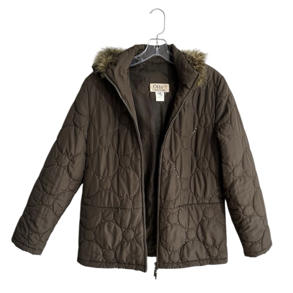 Otto Gi Quilted Brown Hooded Jacket with Detachable Faux Fur Trim Size 42